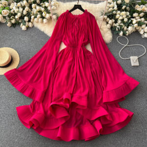 LE2638 Cape-Model Girls’s Robe – Luxurious Retro Excessive Style V-Neck Lace-Up Trumpet Sleeve Peplum Night Gown