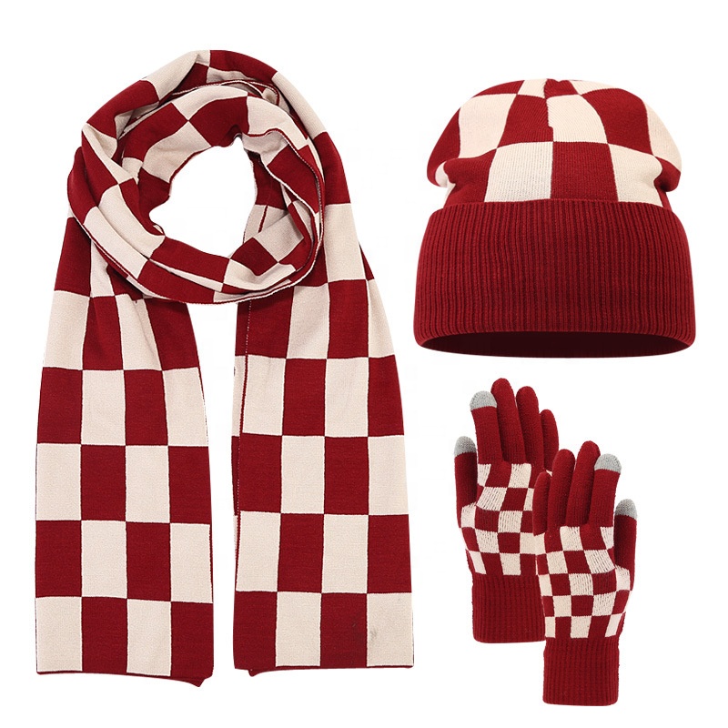 Males's and Ladies's Plaid Winter Three-Piece Set: Knit Cap, Gloves, and Lengthy Double-Thick Cotton Scarf