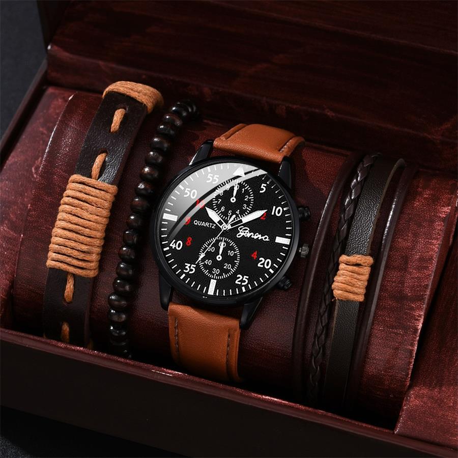 Males's Spherical Watch and PU Leather-based Bracelet Jewellery Set in Modern Brown and Black, Packaged in an OPP Bag - Manufacturing facility Sizzling Sale