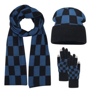 Males’s and Ladies’s Plaid Winter Three-Piece Set: Knit Cap, Gloves, and Lengthy Double-Thick Cotton Scarf