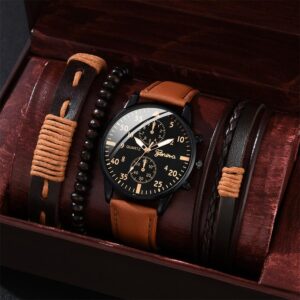 Males’s Spherical Watch and PU Leather-based Bracelet Jewellery Set in Modern Brown and Black, Packaged in an OPP Bag – Manufacturing facility Sizzling Sale